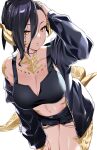  1girl au_ra avatar_(ff14) black_hair breasts cleavage dragon_girl dragon_horns dragon_tail final_fantasy final_fantasy_xiv highres horns jacket large_breasts midriff navel off_shoulder omagacchu open_clothes open_jacket ponytail scales short_hair shorts signature solo tail tank_top yellow_eyes 