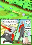  anthro comic dialogue faceless_character faceless_male female fight fur generation_8_pokemon grass hi_res human lagomorph leporid male male/female mammal nintendo noconcession outside plant pokemon pokemon_(species) puddle rabbit raboot raining red_body red_fur smogon speech_bubble trainer tree 