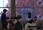  3boys 5girls bangs black_hair black_jacket blunt_bangs blurry bob_cut book bowl_cut braid brown_hair cellphone chair classroom day depth_of_field desk extra extra_eyes facing_away gakuran hair_over_shoulder head_rest highres holding holding_book holding_phone indoors jacket kageyama_shigeo long_hair long_sleeves looking_at_phone looking_away miuve mob_psycho_100 monster multiple_boys multiple_girls neckerchief no_eyes outstretched_arms phone red_neckerchief school_chair school_desk school_uniform serafuku sharp_teeth sitting smartphone smile solo_focus standing teeth twin_braids twintails window 