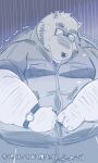  2023 anthro bear belly big_belly bodily_fluids clothing dain_4201 eyewear glasses hi_res humanoid_hands japanese_text kemono male mammal overweight overweight_male shirt solo sweat text topwear 