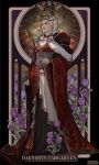  1girl a_song_of_ice_and_fire artist_name blonde_hair cape closed_mouth commentary copyright_name crown daenerys_targaryen dress english_commentary flower fur-trimmed_cape fur_trim game_of_thrones highres lips long_hair looking_away purple_eyes purple_flower red_dress selsnt1 solo 