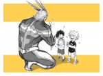  3boys aged_down all_might bakugou_katsuki blush bodysuit boku_no_hero_academia child commentary_request full_body greyscale_with_colored_background happy holding looking_at_another male_child male_focus midoriya_izuku monochrome multiple_boys open_mouth shirt shoes short_hair short_sleeves shorts smile sparkle spiked_hair standing thumbs_up woodlanddazo 
