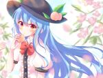  1girl bangs black_headwear blue_hair bow bowtie center_frills closed_mouth collared_shirt commentary flower food frills fruit hinanawi_tenshi holding holding_food leaf long_hair looking_at_viewer outdoors peach pink_flower puffy_short_sleeves puffy_sleeves red_bow red_bowtie red_eyes shirt short_sleeves solo symbol-only_commentary touhou white_shirt yukishiro_yayoi 
