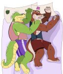  2023 4_fingers absurd_res alligator alligatorid anthro bed brok_(character) brok_the_investigator clothing crocodilian dr._mink duo eyes_closed fingers furniture hi_res humanoid_hands male male/male mammal melonca53654294 mink mustelid musteline pillow red_body reptile scalie shirt sleeping topwear true_musteline underwear 
