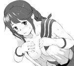  1girl bangs braid breasts collarbone gloves greyscale kantai_collection large_breasts monochrome noshiro_(kancolle) open_clothes open_shirt sailor_collar shirt sleeveless sleeveless_shirt solo sweat swept_bangs tooku_nomura_(artist) twin_braids upper_body 