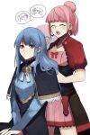  2girls :d ^_^ bangs black_capelet black_eyes blue_hair blunt_bangs breasts bridal_gauntlets capelet cleavage closed_eyes corset dress earrings fire_emblem fire_emblem:_three_houses fire_emblem_warriors:_three_hopes hair_brush hair_bun highres hilda_valentine_goneril hoop_earrings jewelry light_blue_hair long_hair marianne_von_edmund medium_breasts multiple_girls official_alternate_costume official_alternate_hairstyle open_mouth pink_dress pink_hair puffy_short_sleeves puffy_sleeves seinikuten short_hair short_sleeves shrug_(clothing) single_hair_bun sitting smile speech_bubble spoken_character standing twitter_username v_arms 