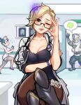  1boy 2girls among_us arm_sling blonde_hair blue_eyes blush blushyspicy breasts brown_pants clipboard closed_mouth crewmate_(among_us) crossed_legs doctor genji_(overwatch) glasses green_hair hat highres holding holding_clipboard indoors infirmary kiriko_(overwatch) labcoat large_breasts mercy_(overwatch) multiple_girls nurse nurse_cap one_eye_closed overwatch overwatch_2 pants red_lips short_hair sitting solo_focus spoken_symbol stethoscope thighhighs x-ray_film 
