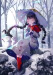  1girl absurdres ajirogasa bandana bangs bare_tree black_hair braid closed_eyes closed_mouth coat facing_viewer full_body grey_coat hat highres long_earlobes long_hair long_sleeves nettian51 outdoors red_bandana red_footwear sitting smile snow snowing snowman solo touhou tree twin_braids yatadera_narumi 