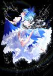  1girl :d absurdres bangs barefoot black_background blue_bow blue_dress blue_hair bow cirno closed_eyes clothes_lift clothes_pull dress dress_pull frilled_dress frills from_behind full_body hair_bow highres ice ice_wings nettian51 open_mouth pulled_by_self short_hair short_sleeves smile solo touhou transparent_wings water wings 