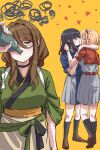  3girls black_hair blonde_hair bottle brown_hair closed_eyes drinking fafayu_0425 heart highres inoue_takina japanese_clothes kimono kiss lycoris_recoil lycoris_uniform multiple_girls nakahara_mizuki nishikigi_chisato over-rim_eyewear semi-rimless_eyewear yuri 