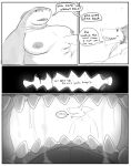  absurd_res black_and_white chunkolilt_(artist) clothing comic duo english_text fish friends hi_res male male/male marine monochrome open_mouth questionable_consent safe_vore sergal shark text text_on_clothing vore willing_prey 