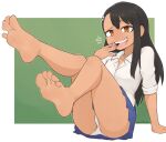  1girl barefoot black_hair blue_skirt dark_skin feet hair_ornament hairclip highres ijiranaide_nagatoro-san nagatoro_hayase nail_polish open_mouth panties school_uniform simple_background skirt softhanten soles solo tan teeth toes underwear upper_teeth_only white_panties 