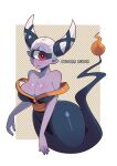  1girl artist_name bare_shoulders breasts butter_sugoi colored_skin commentary cyclops full_body fuumin_(youkai_watch) hair_horns highres large_breasts off_shoulder one-eyed pointy_ears purple_skin smile solo white_hair wide_hips youkai_watch 