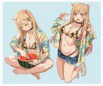  1girl absurdres animal_ears bangs bare_legs barefoot bikini bikini_under_clothes black_bikini black_choker blonde_hair blue_background blush border breasts cat_ears choker closed_mouth collarbone denim denim_shorts ear_piercing earrings feet food fruit full_body gradient_hair grey_border hands_up highres indian_style jewelry kitagawa_marin kneeling legs long_sleeves looking_at_viewer medium_breasts mixed-language_commentary multicolored_hair multiple_views nail_polish navel necklace off_shoulder official_alternate_costume open_clothes open_mouth open_shirt paw_pose piercing pink_eyes pink_hair pink_nails ring shiny_skin shiren_(ourboy83) shoes short_shorts shorts sidelocks sitting sleeves_rolled_up sneakers sono_bisque_doll_wa_koi_wo_suru stomach swimsuit teeth thighs toenail_polish toenails toes torn_clothes torn_shorts upper_teeth_only watermelon white_footwear wristband 