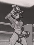  2023 anthro ballboxing balls_outline boxing boxing_gloves bulge clothed clothing dcheese detailed_bulge digital_media_(artwork) erection erection_under_clothing fighting_ring gallade generation_4_pokemon genital_outline genitals handwear hi_res leather leather_clothing leather_headgear male monochrome muscular muscular_male nintendo penis pokemon pokemon_(species) solo sport thong underwear 