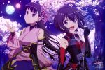  2girls :d absurdres ahoge arm_support armor bangs bare_shoulders black_armor black_hair black_sleeves black_undershirt blunt_bangs bob_cut breastplate breasts cherry_blossoms cherry_tree copyright curled_fingers dated detached_sleeves elbow_gloves falling_petals floating_hair full_moon gauntlets gloves hair_between_eyes hair_ornament hair_strand hand_up highres itai_no_wa_iya_nano_de_bougyoryoku_ni_kyokufuri_shitai_to_omoimasu japanese_clothes kasumi_(bofuri) kimono kitajima_yuuki large_breasts light_blush light_smile long_hair looking_at_viewer looking_up maple_(bofuri) moon multiple_girls multiple_moons newtype night non-web_source official_art open_clothes open_mouth petals pink_kimono pink_sleeves promotional_art purple_eyes purple_kimono raised_eyebrows red_gloves rope seiza short_hair sitting skirt sleeveless sleeveless_kimono small_breasts smile sweater translated turtleneck turtleneck_sweater undershirt upturned_eyes 