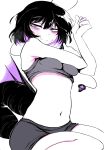  1girl antennae bangs black_hair blush breast_press breasts crop_top english_commentary fins grey_shorts hair_between_eyes hemuling highres looking_at_viewer medium_breasts monochrome monster_girl multicolored_hair navel original parted_lips purple_eyes purple_hair short_hair shorts simple_background sitting solo tail webbed_hands 