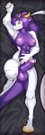  absurd_res anthro balls big_balls big_penis bodily_fluids breasts dakimakura_design dr._welps dragon genital_fluids genitals gold_(metal) gynomorph hair hi_res horn intersex nipple_piercing nipples penis piercing precum purple_hair rikari_nagano ring solo yellow_eyes 