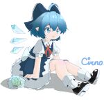  1girl absurdres animal bangs blue_bow blue_dress blue_eyes blue_hair bow cirno cirno2007_(kuzucirno) dress frog frozen_frog full_body hair_between_eyes hair_bow highres ice ice_wings legs looking_at_viewer mary_janes md5_mismatch medium_hair pointy_ears puffy_short_sleeves puffy_sleeves resolution_mismatch shirt shoes short_sleeves signature sitting solo source_smaller touhou white_shirt wings 