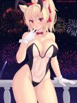  1girl animal_ear_fluff animal_ears bangs bare_arms bare_shoulders blonde_hair blush breasts cat_ears cat_girl cleavage collarbone fireworks gloves highres large_breasts leotard long_hair nottytiffy original outdoors parted_lips patreon_username ponytail red_eyes see-through see-through_leotard solo thighs tiffy_(nottytiffy) white_gloves 