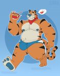  2021 3_toes 4_fingers anthro areola belly biped bowl bulge cereal clothed clothing container digital_media_(artwork) feet felid fingers food frosted_flakes gabgbb hi_res kellogg&#039;s looking_at_viewer male mammal mascot navel nipples pantherine paws simple_background smile solo thick_thighs tiger toes tony_the_tiger topless wide_hips 