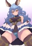 1girl absurdres animal_ears arm_up ass ass_visible_through_thighs bangs bare_back bare_shoulders blue_hair blue_panties blue_skirt blush breasts brown_gloves brown_thighhighs closed_mouth curly_hair detached_collar embarrassed erune ferry_(granblue_fantasy) frilled_gloves frilled_skirt frills from_below gloves granblue_fantasy highres inuinuo_gataken legs_apart long_hair looking_at_viewer looking_down medium_breasts miniskirt panties skirt solo spread_legs standing sweatdrop thighhighs tsurime twitter_username underwear upskirt very_long_hair yellow_eyes 