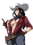  1girl abs bandana belt black_hair cow_girl gloves grey_eyes hat heterochromia highres holster long_hair looking_to_the_side mak_draw makdraw25 muscular muscular_female neckerchief open_clothes open_shirt original pink_eyes simple_background solo suspenders unfinished white_background 