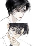  1boy 1girl absurdres bandaid bandaid_on_face bandaid_on_forehead bangs black_hair blood blood_from_mouth blue_eyes closed_mouth collared_shirt eyelashes hand_up highres lipstick looking_at_viewer looking_away makeup meitantei_conan parted_lips partially_colored portrait satou_miwako shirt short_hair simple_background sketch smile takagi_wataru_(meitantei_conan) white_background willowofzion wiping_blood 