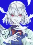  1girl absurdres bangs blue_background brooch covering_mouth feathers hair_between_eyes hand_over_own_mouth hands_up highres jewelry kishin_sagume long_sleeves looking_at_viewer nanasuou pale_skin pink_eyes short_hair single_wing solo straight-on touhou upper_body wings 