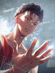  1boy basketball_jersey basketball_uniform brown_eyes brown_hair highres looking_at_hand male_focus miyagi_ryouta moge-hera outstretched_hand parted_lips pompadour red_shirt shirt signature slam_dunk_(series) sleeveless sleeveless_shirt solo sportswear sweat 