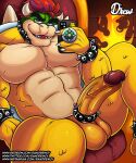  &lt;3 accessory anklet anthro balls bowser bracelet cellphone claws cock_ring collar eyebrows finger_claws fire genitals glans hair hi_res holding_cellphone holding_object holding_phone horn humanoid_genitalia humanoid_penis jewelry koopa legband looking_at_viewer male mario_bros muscular muscular_anthro muscular_male narrowed_eyes nintendo nude penis penis_accessory penis_jewelry phone randrewcv_(artist) reclining red_eyes red_hair scalie shell solo spiked_anklet spiked_bracelet spiked_cock_ring spiked_collar spiked_legband spiked_shell spikes spikes_(anatomy) teeth text url vein veiny_penis yellow_body 