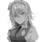  1girl 8901maru bangs collared_shirt grey_hair greyscale highres izayoi_sakuya maid medium_hair monochrome ribbon shirt short_sleeves small_chest solo touhou white_background 