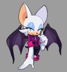  1girl animal_nose blue_eyeshadow bodysuit breasts communicator elbow_gloves eyeshadow furry furry_female gloves grey_background highres kiioki11 lips looking_at_viewer makeup rouge_the_bat simple_background smile solo sonic_(series) sonic_prime wings 