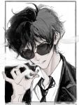  1boy bangs blowing_smoke border cigarette collared_shirt formal hand_up highres holding holding_cigarette jacket looking_at_viewer male_focus matsuda_jinpei meitantei_conan monochrome necktie outside_border parted_lips portrait shirt short_hair simple_background sketch smile smoke smoking solo suit sunglasses willowofzion 