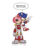  1boy 1girl amy_rose closed_mouth cyborg english_text full_body furry furry_female furry_male gloves green_eyes grin hairband half-closed_eyes highres kiioki11 pointing red_hairband rusty_rose serious shoes smile smug sonic_(series) sonic_prime sonic_the_hedgehog speech_bubble standing white_gloves 