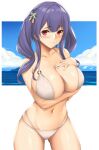  1girl absurdres arcie_albano arm_under_breasts azur_lane bangs bare_arms bare_shoulders bikini blunt_bangs blush breasts cameltoe cleavage collarbone commentary_request groin hair_ornament halterneck highres italian_flag large_breasts long_hair multiple_straps navel o-ring o-ring_bikini pola_(azur_lane) purple_hair red_eyes sidelocks simple_background skindentation smile solo swimsuit twintails white_background white_bikini 