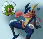  ambiguous_gender amphibian avian bird blue_background blue_body blush decidueye duo female frog generation_6_pokemon generation_7_pokemon genitals greninja hand_on_floor hand_on_leg hand_on_thigh hi_res lewdaesthetics long_tongue looking_at_another looking_at_viewer looking_surprised male male/female nintendo owl penis pink_eyes pokemon pokemon_(species) presenting presenting_penis simple_background sitting spread_legs spreading tongue wraps 