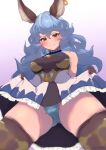  1girl absurdres animal_ears arm_up ass ass_visible_through_thighs bangs bare_back bare_shoulders blue_hair blue_panties blue_skirt blush breasts brown_gloves brown_thighhighs closed_mouth curly_hair detached_collar embarrassed erune ferry_(granblue_fantasy) frilled_gloves frilled_skirt frills from_below gloves granblue_fantasy highres inuinuo_gataken legs_apart long_hair looking_at_viewer looking_down medium_breasts miniskirt panties skirt solo spread_legs standing tearing_up thighhighs tsurime twitter_username underwear upskirt very_long_hair yellow_eyes 