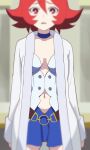  1girl breasts choker haruyama_kazunori little_witch_academia looking_at_viewer navel open_mouth red_eyes red_hair shiny_chariot short_hair skirt solo 