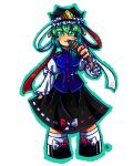  1girl blue_vest bow breasts chibi frilled_hat frills green_eyes green_hair green_headwear green_outline hat outline red_bow renata_greynoria rod_of_remorse shiki_eiki shirt small_breasts touhou transparent_background vest white_bow white_shirt 