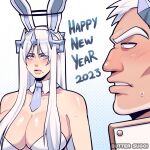  1boy 1girl 2023 animal_ears artist_name blush breasts butter_sugoi chinese_zodiac cleavage detached_collar facial_hair fake_animal_ears goatee happy_new_year headgear huge_breasts mole mole_under_mouth necktie original playboy_bunny rabbit_ears short_necktie sidelocks sweatdrop white_eyes white_hair year_of_the_rabbit 