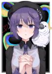  1girl animal_on_shoulder bangs beret bird bird_on_shoulder black_shirt border cockatoo collared_shirt commentary grey_vest hat heart heart_in_eye highres juliet_sleeves long_sleeves looking_at_viewer necktie outside_border own_hands_clasped own_hands_together parted_lips puffy_sleeves purple_eyes purple_hair purple_necktie shade shirt short_hair solo straight-on swept_bangs symbol_in_eye uo_yuo upper_body utane_uta utau vest white_border 