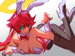  1girl animal_ears ass bangs black_pantyhose breasts claw_pose cleavage collarbone detached_collar green_eyes guilty_gear guilty_gear_xrd hair_between_eyes halo high_heels jack-o&#039;_valentine large_breasts legs leotard long_hair looking_at_viewer lying on_stomach pantyhose parted_lips playboy_bunny rabbit_ears red_hair solo strapless strapless_leotard thighs unfinished ura_dora very_long_hair white_leotard wrist_cuffs 