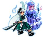  2girls blue_outline bob_cut bug butterfly chibi green_vest grey_hair highres holding holding_sword holding_weapon konpaku_youmu konpaku_youmu_(ghost) multiple_girls outline pink_hair red_eyes renata_greynoria saigyouji_yuyuko shirt short_hair signature sword touhou triangular_headpiece vest wakizashi weapon white_shirt 