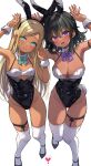  2girls absurdres animal_ears aqua_eyes armlet armpits arms_up bangs bare_shoulders black_footwear black_leotard blonde_hair blush bow bowtie breasts bunny_pose cleavage covered_navel dark-skinned_female dark_green_hair dark_skin detached_collar fake_animal_ears grin high_heels highleg highleg_leotard highres idolmaster idolmaster_cinderella_girls large_breasts layla_(idolmaster) leotard long_hair looking_at_viewer multiple_girls nail_polish natalia_(idolmaster) open_mouth playboy_bunny purple_eyes rabbit_ears short_hair skindentation small_breasts smile straight_hair strapless strapless_leotard thigh_strap thighhighs traditional_bowtie trente white_thighhighs wrist_cuffs 