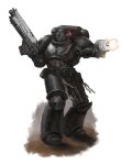  1boy absurdres adeptus_astartes armor armored_boots bolter boots byrno83 dual_wielding explosive firing full_armor glowing glowing_eyes grenade gun handgun helmet highres holding holding_gun holding_weapon iron_hands mechanical_arms mechanical_legs pauldrons power_armor primaris_space_marine red_eyes shoulder_armor simple_background single_mechanical_arm single_mechanical_leg skull_ornament solo space_marine standing warhammer_40k wax_seal weapon white_background 
