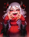  &lt;3 &lt;3_eyes blush clothing demon fangs female helltaker horn humanoid invalid_tag modeus_(helltaker) not_furry open_mouth reagan_long solo sweater teeth tongue tongue_out topwear 