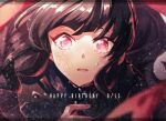  1girl azami_(kagerou_project) bangs black_coat black_hair blunt_bangs blurry close-up coat commentary crying crying_with_eyes_open dated english_text fingernails hair_ribbon happy_birthday jacket kagerou_project long_hair looking_at_viewer mokemoke_chan parted_lips pink_eyes red_ribbon ribbon scales solo tears upper_body 