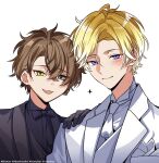  2boys :d alban_knox bangs black_bow black_bowtie black_gloves black_jacket black_shirt blonde_hair blush bow bowtie brown_hair collared_shirt crossed_bangs formal gloves grey_eyes hair_behind_ear hair_between_eyes hand_on_another&#039;s_shoulder heterochromia highres jacket lapels looking_at_viewer male_focus milestone_celebration mole mole_on_neck multiple_boys necktie nijisanji nijisanji_en odayakao pocket_square purple_eyes shawl_lapels shirt short_hair simple_background smile sonny_brisko swept_bangs upper_body vest virtual_youtuber white_background white_jacket white_necktie white_shirt white_vest yellow_eyes 