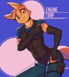  2022 anthro blue_background canid canine canis clothed clothing digital_media_(artwork) fingerless_gloves fully_clothed fur gloves handwear head_tuft hi_res jackal looking_at_viewer mammal marblechip simple_background smile solo syl_(enginetrap) tuft yellow_body yellow_fur 